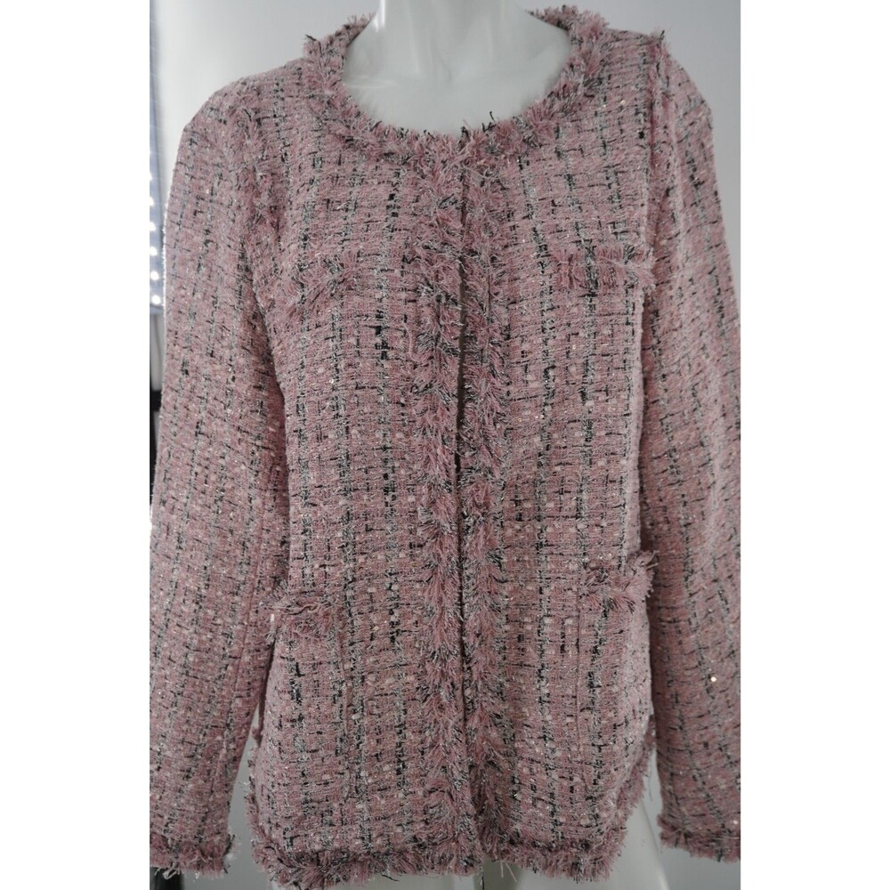 Ebossy Women's Size XL Elegant Open Front Round Neck Fringed Plaid Tweed Jacket - Picture 2 of 8